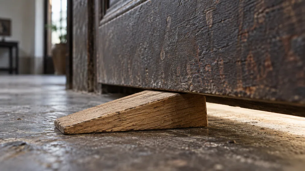 Small wooden wedge holding open a heavy door, showing how one minority investor consent right can hold up a company sale