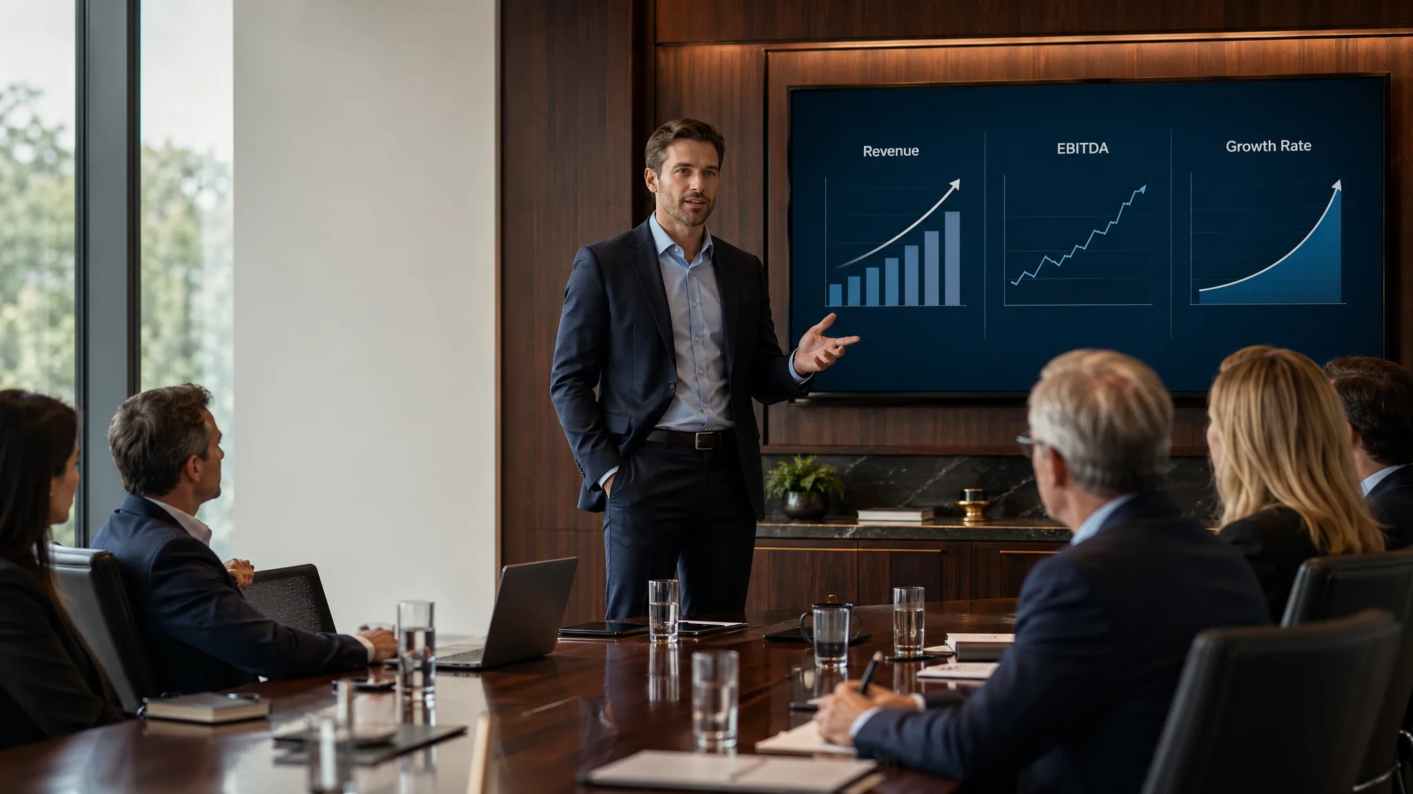 Business owner presenting revenue and profitability metrics to prospective investors during an M&A management presentation