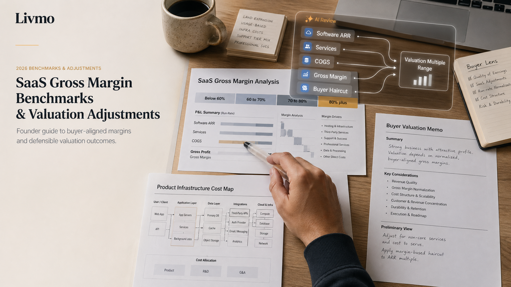 Founder finance workspace showing SaaS gross margin bands, services revenue, COGS, and buyer valuation adjustments