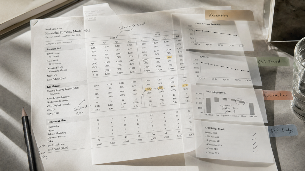 Layered financial model pages showing ARR bridge, retention, CAC, contraction MRR, and hiring assumptions under buyer review