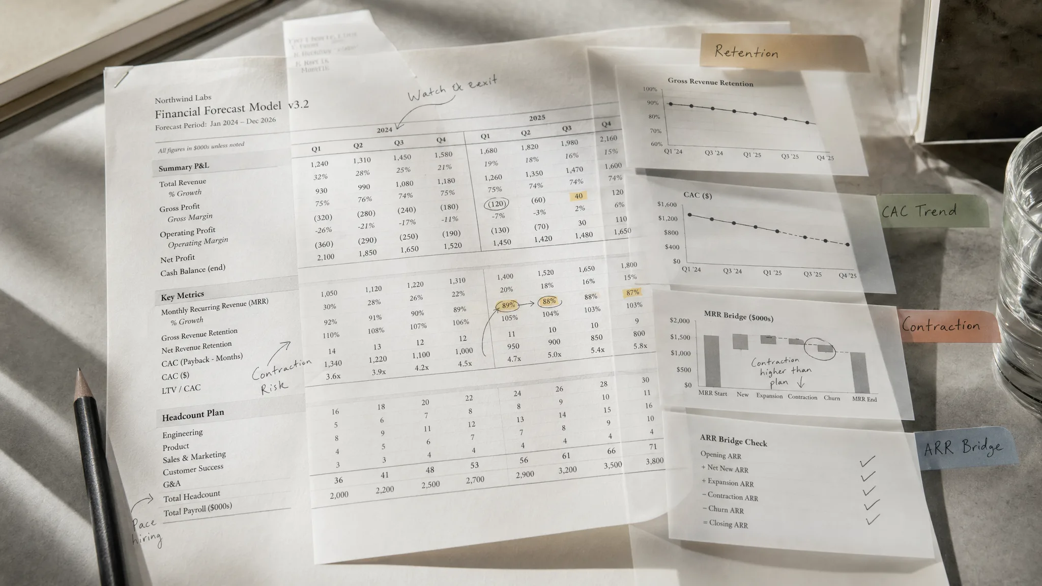 Layered financial model pages showing ARR bridge, retention, CAC, contraction MRR, and hiring assumptions under buyer review