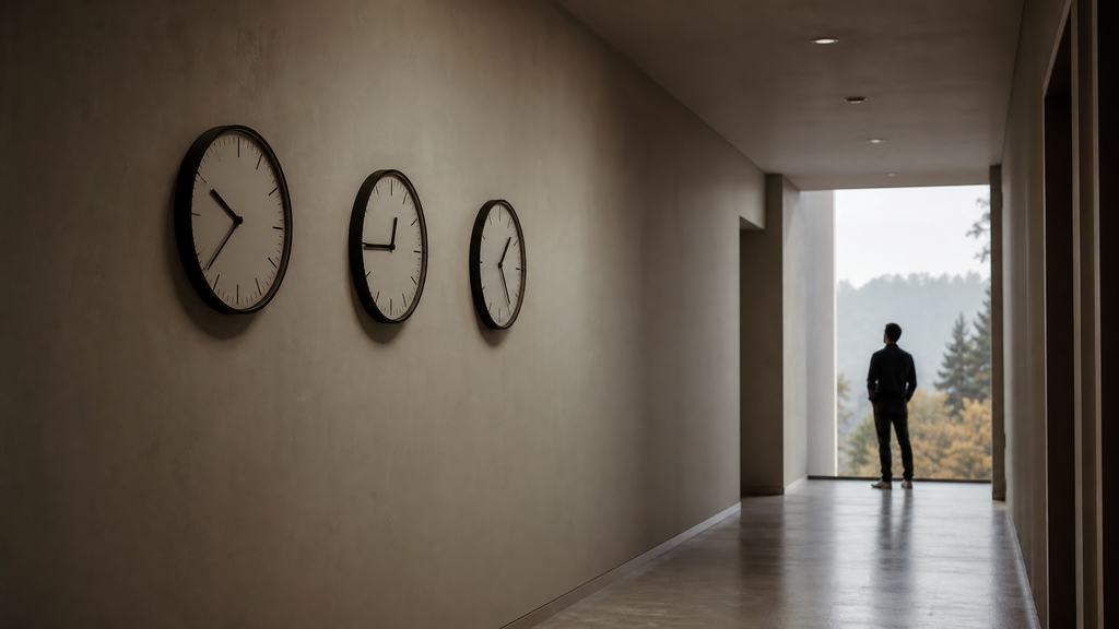 Three wall clocks in an empty corridor, representing LTM ARR, run rate ARR, and NTM ARR in SaaS valuation