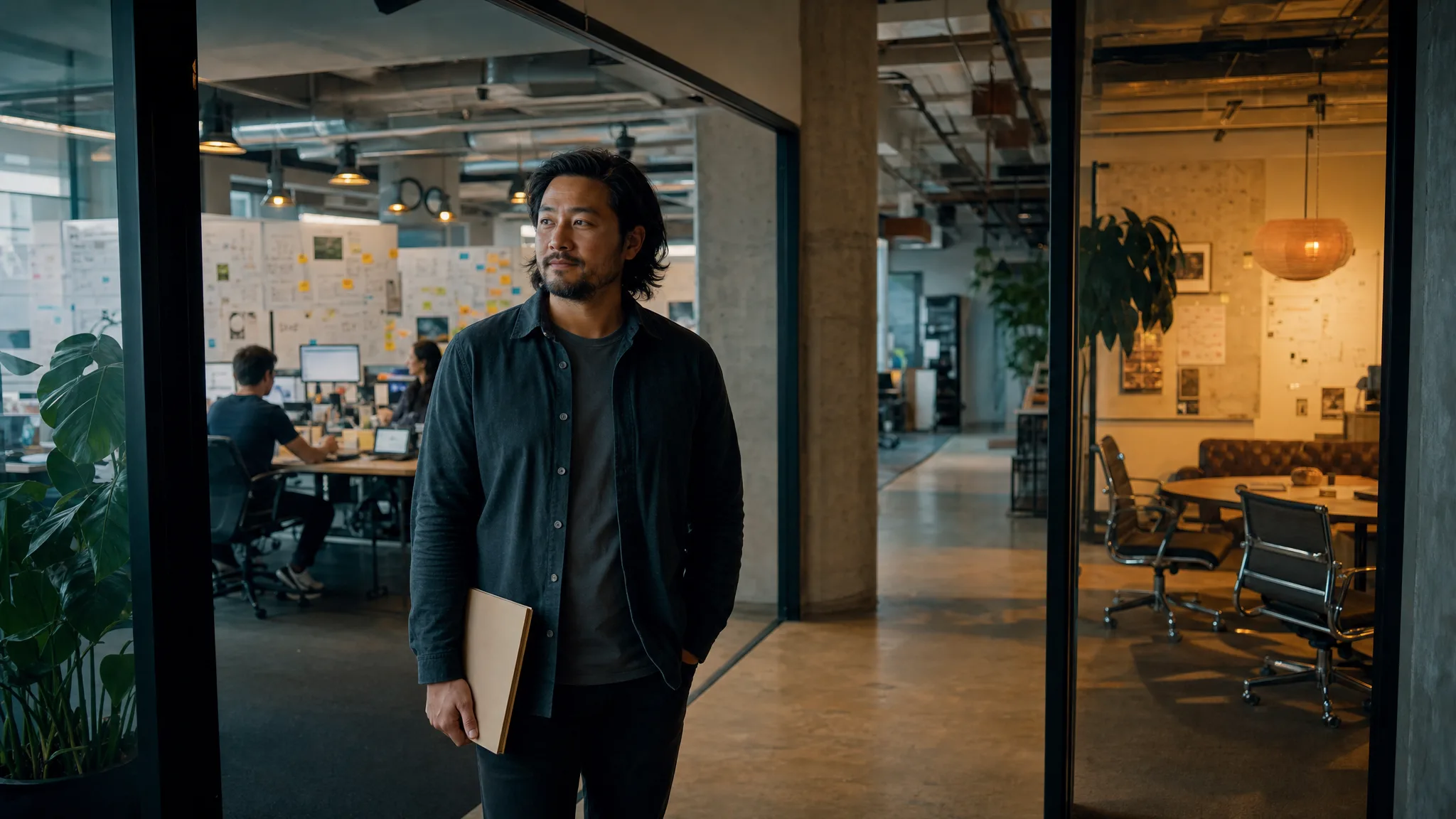Founder holding a folder at a studio threshold, representing how to choose a SaaS M&A advisor