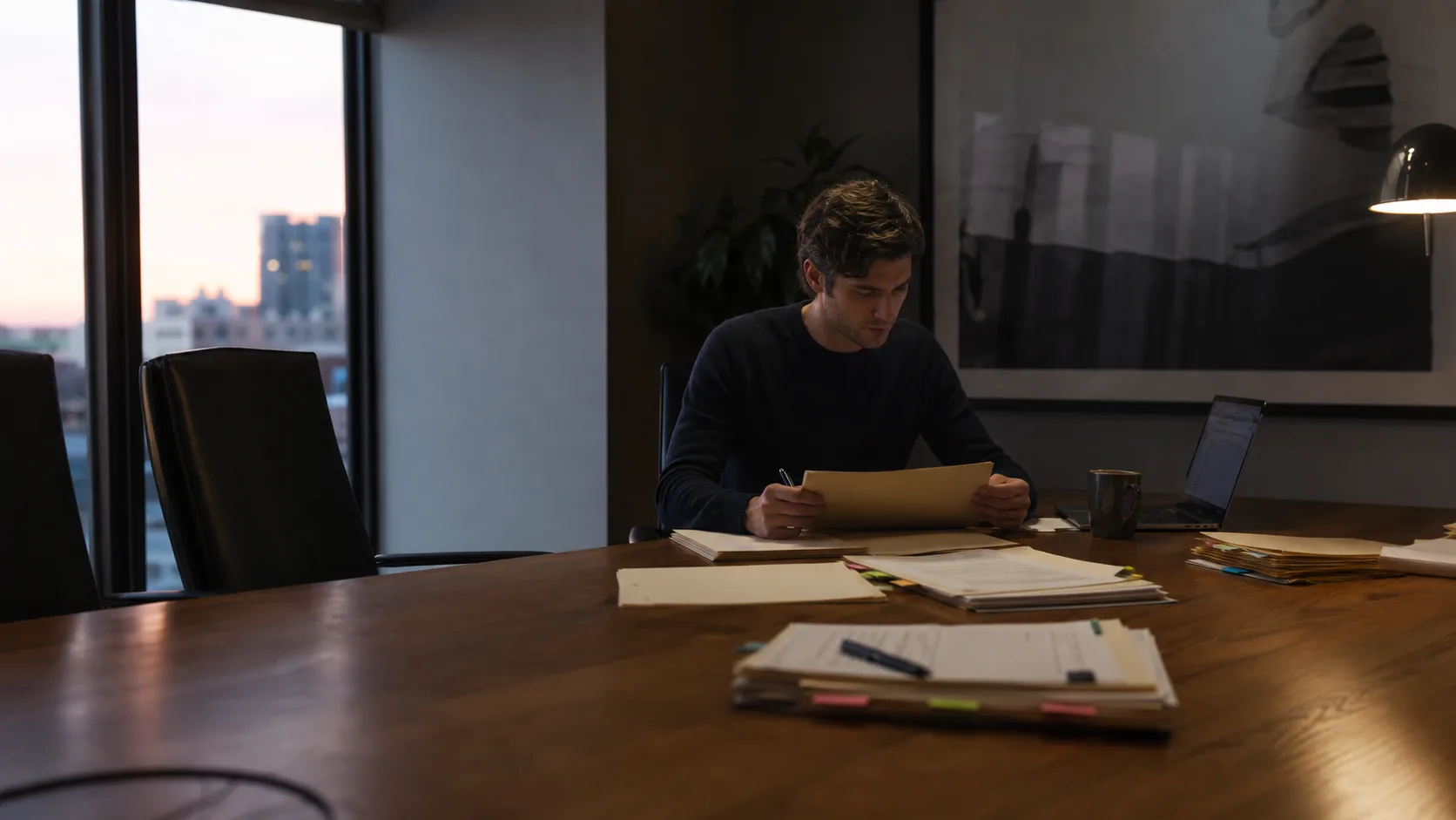 Founder sorting equity documents before a SaaS sale, representing cap table cleanup before buyer diligence