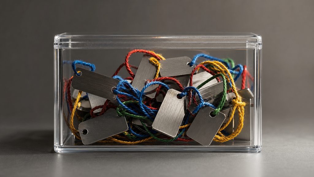 Tangled blank metal tags in a clear evidence box, representing open source license and IP cleanup before a SaaS sale