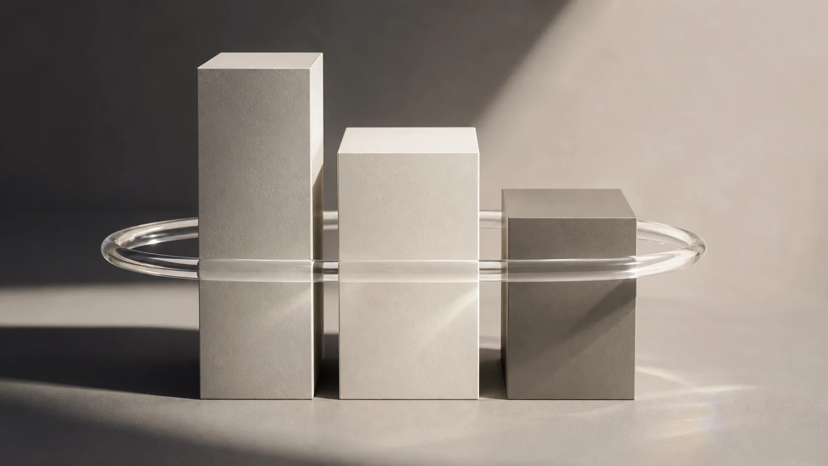 Three unlabeled product boxes connected by a transparent renewal ring, representing SaaS pricing packaging and valuation durability