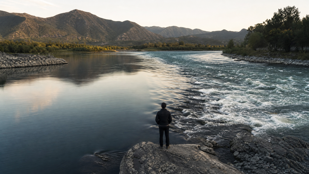 Founder beside converging river currents, representing how to respond to a SaaS IOI before choosing a buyer path