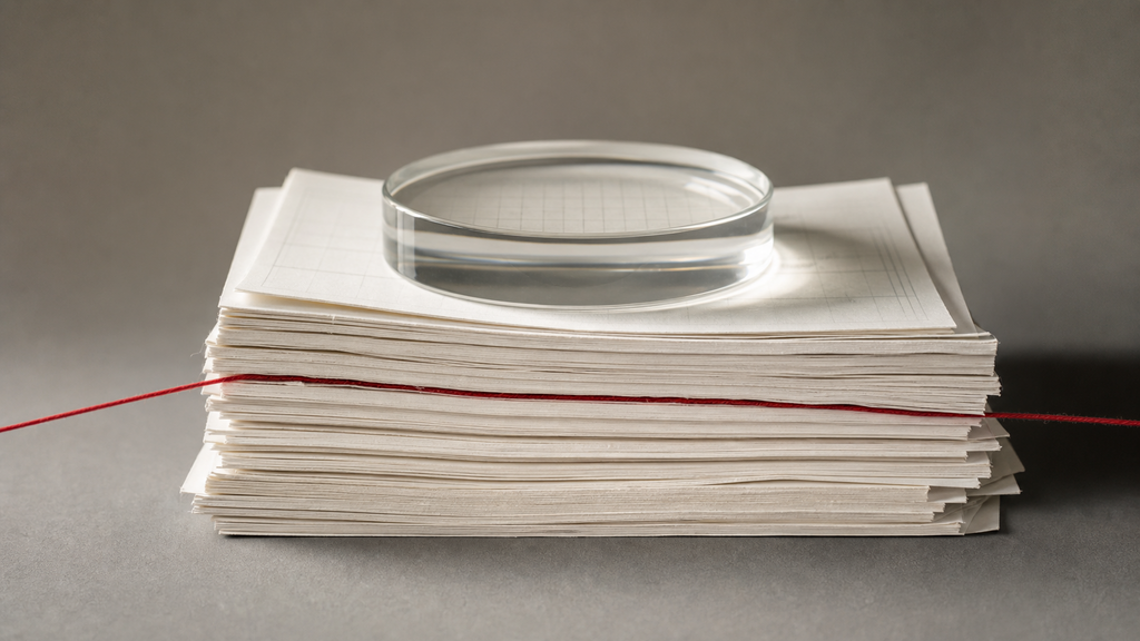 Layered blank budget sheets compressed under a clear weight with red thread, representing SaaS spending benchmarks and burn pressure