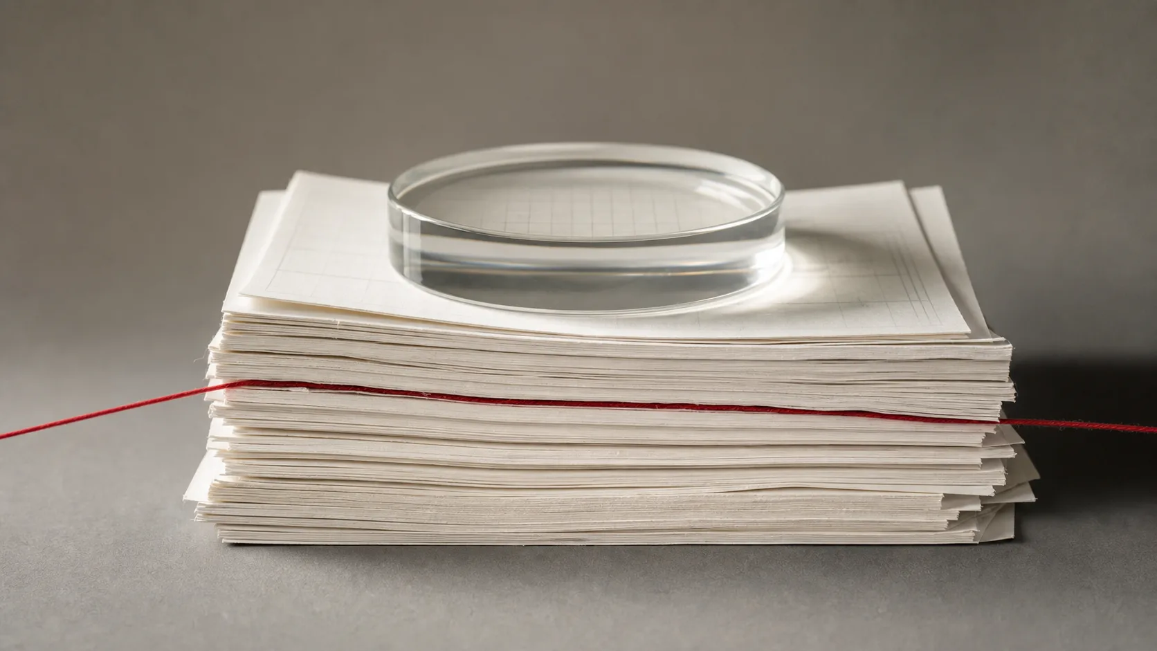 Layered blank budget sheets compressed under a clear weight with red thread, representing SaaS spending benchmarks and burn pressure