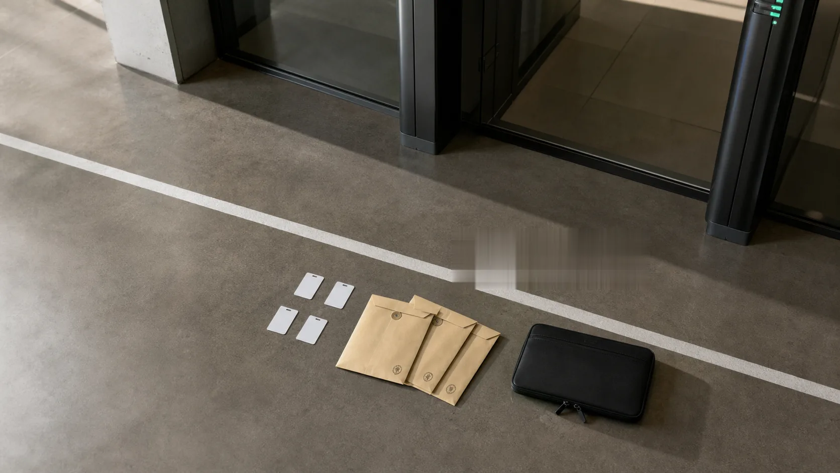 Access cards and security evidence folders at a secure threshold, representing SOC 2 and security diligence before a SaaS exit