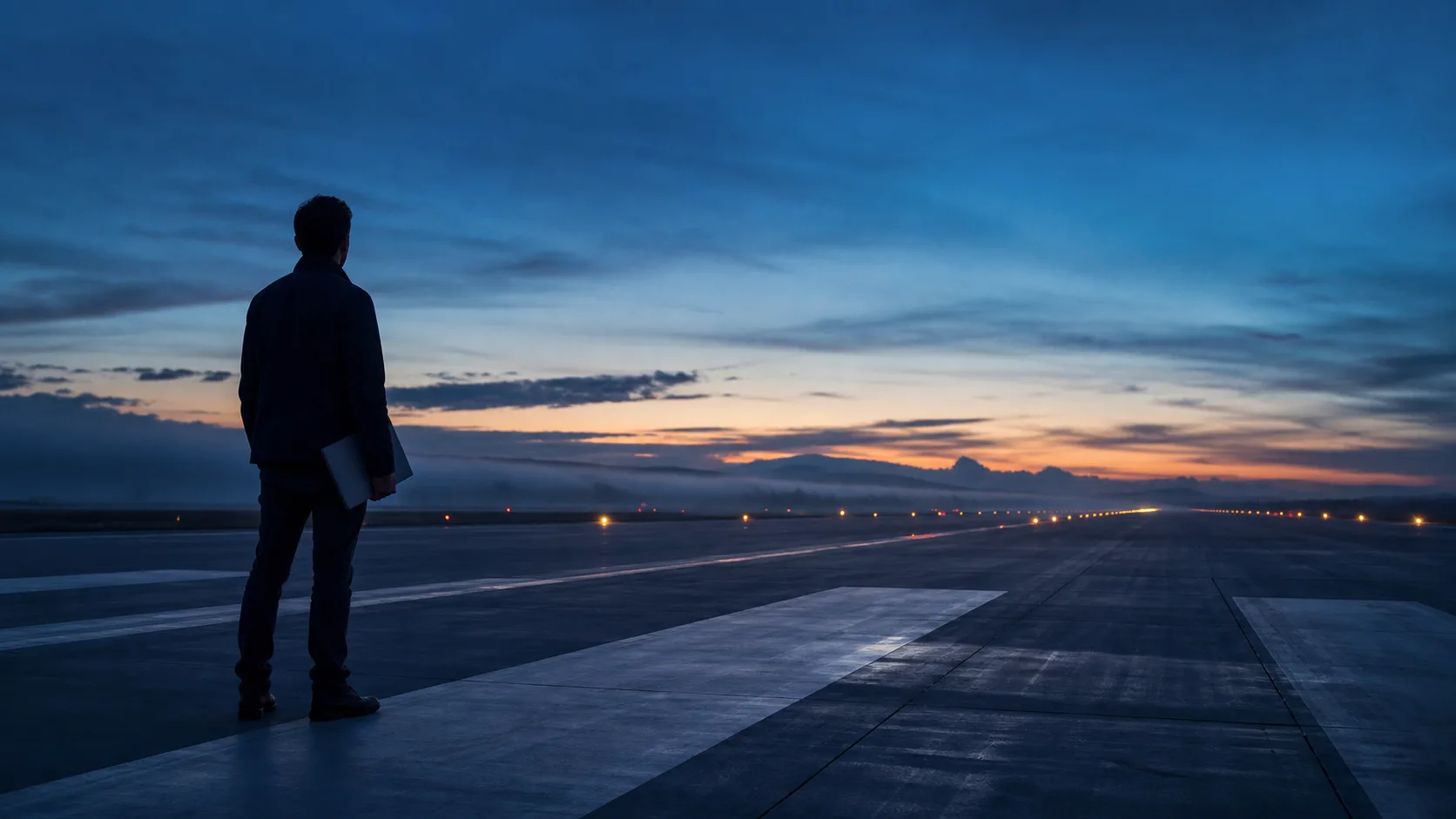 Founder standing before an empty runway, representing early M&A advisor timing before a SaaS sale