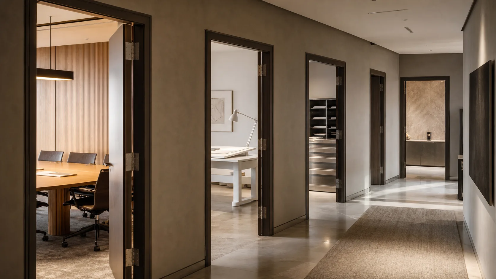 Open hallway doors representing staged evidence preparation in a 12 month pre sale checklist for a SaaS founder