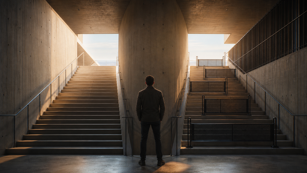 Two stairways diverging from one landing, representing bootstrapped and VC backed SaaS exit outcomes