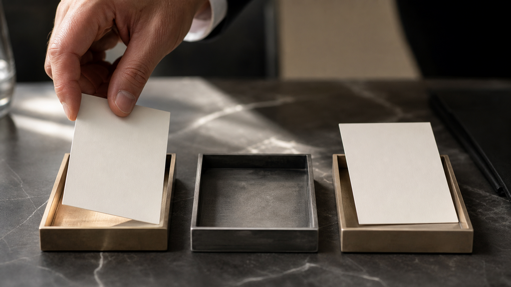 Hand placing blank ownership cards into separate trays, representing cofounder buyout structure before a SaaS exit