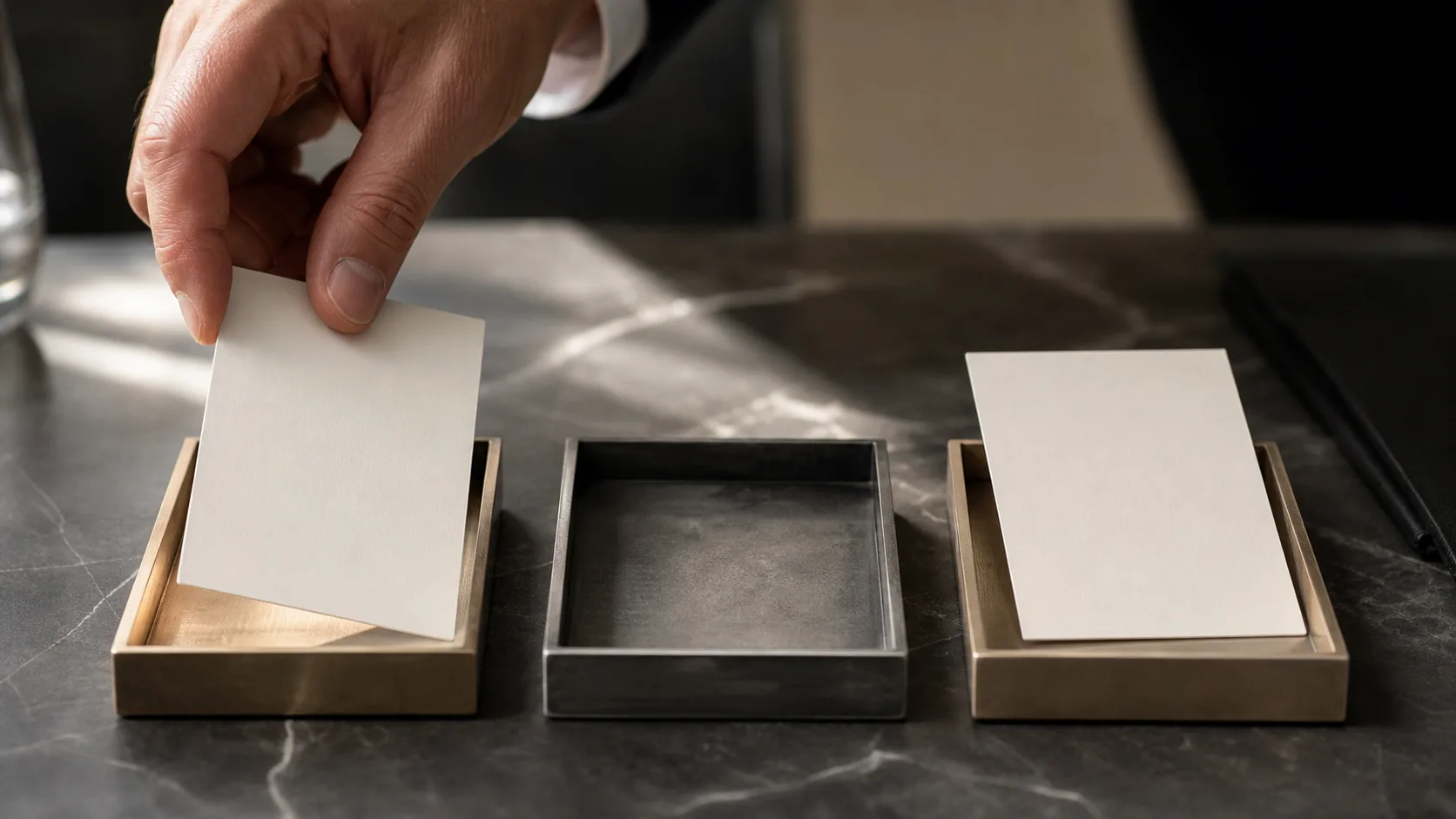Hand placing blank ownership cards into separate trays, representing cofounder buyout structure before a SaaS exit