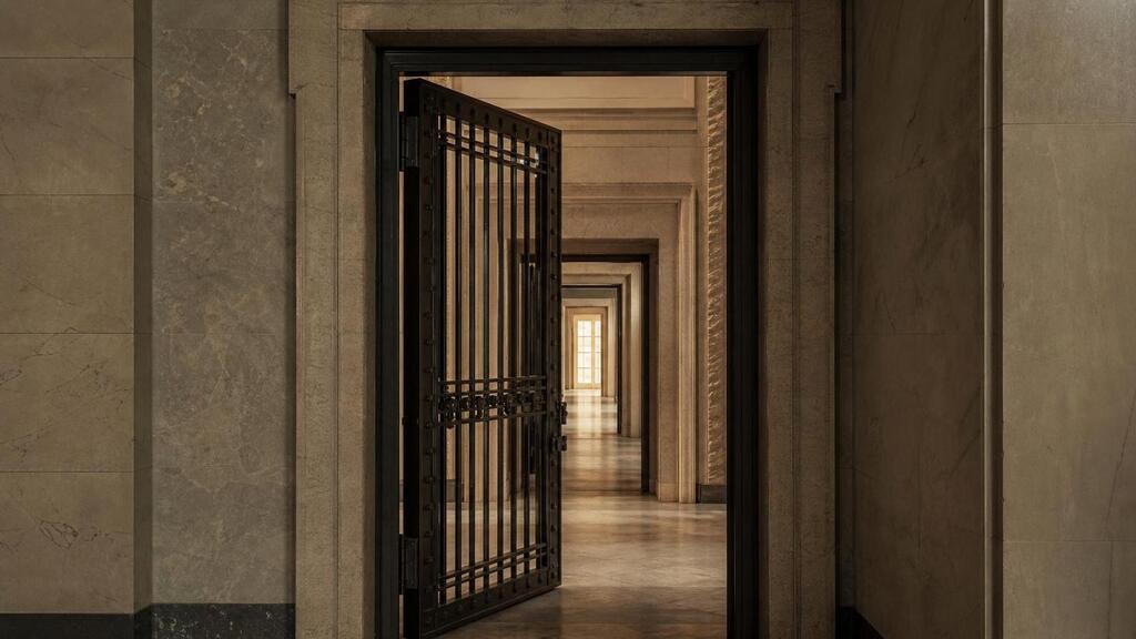 Nested doorways with a gated passage representing seller note priority in a SaaS acquisition