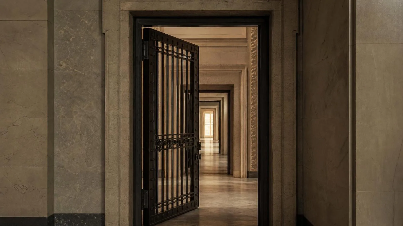 Nested doorways with a gated passage representing seller note priority in a SaaS acquisition
