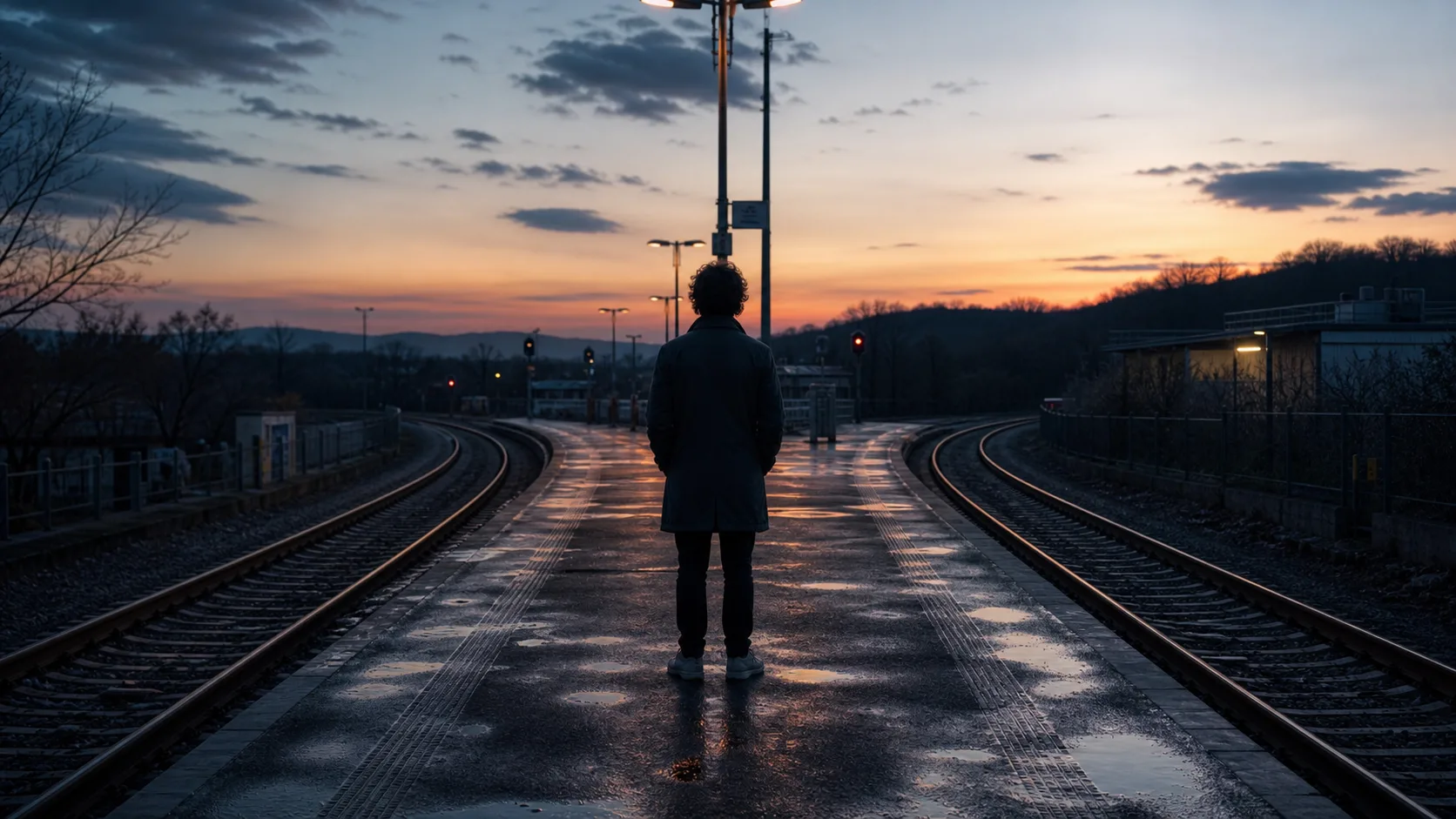 Founder standing between two train tracks, representing the choice between selling SaaS to a search fund or an independent sponsor