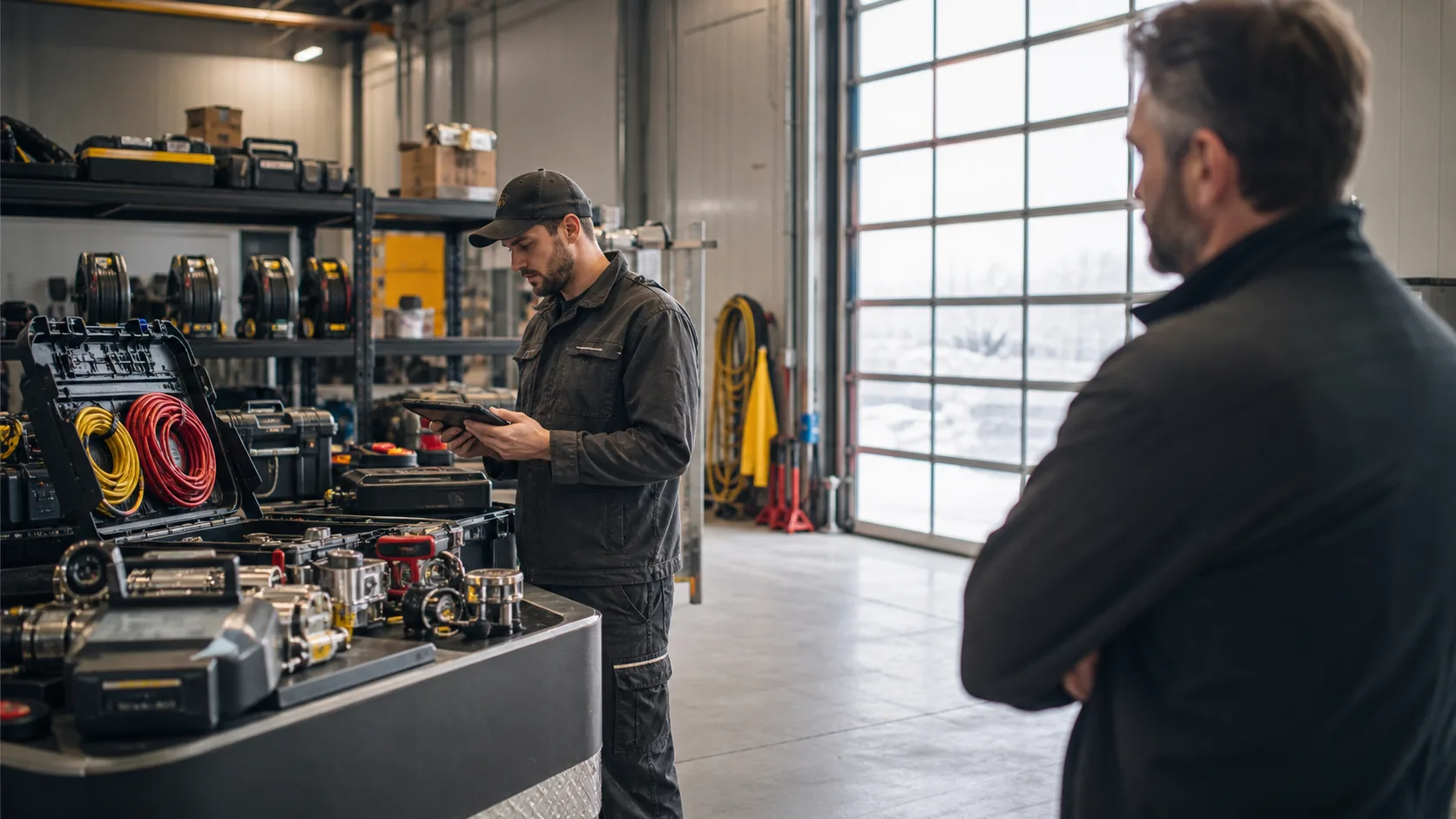Worker checking a tablet in a service workspace, representing vertical SaaS workflow ownership and buyer premium