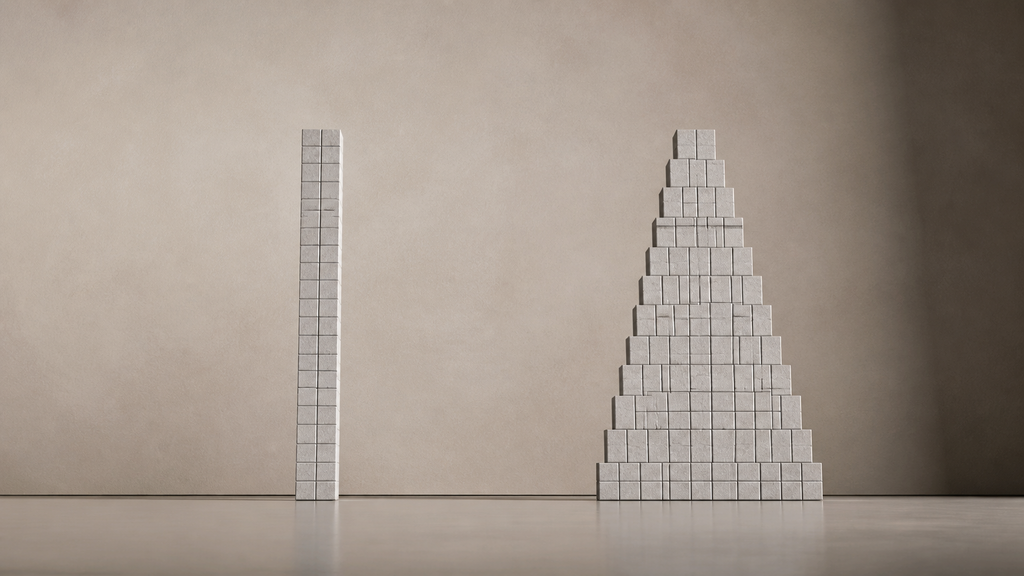 Two stacks of identical stone blocks rising from the same baseline, one staying narrow and one widening, illustrating how AI SaaS gross margin and inference costs move in different directions as usage scales