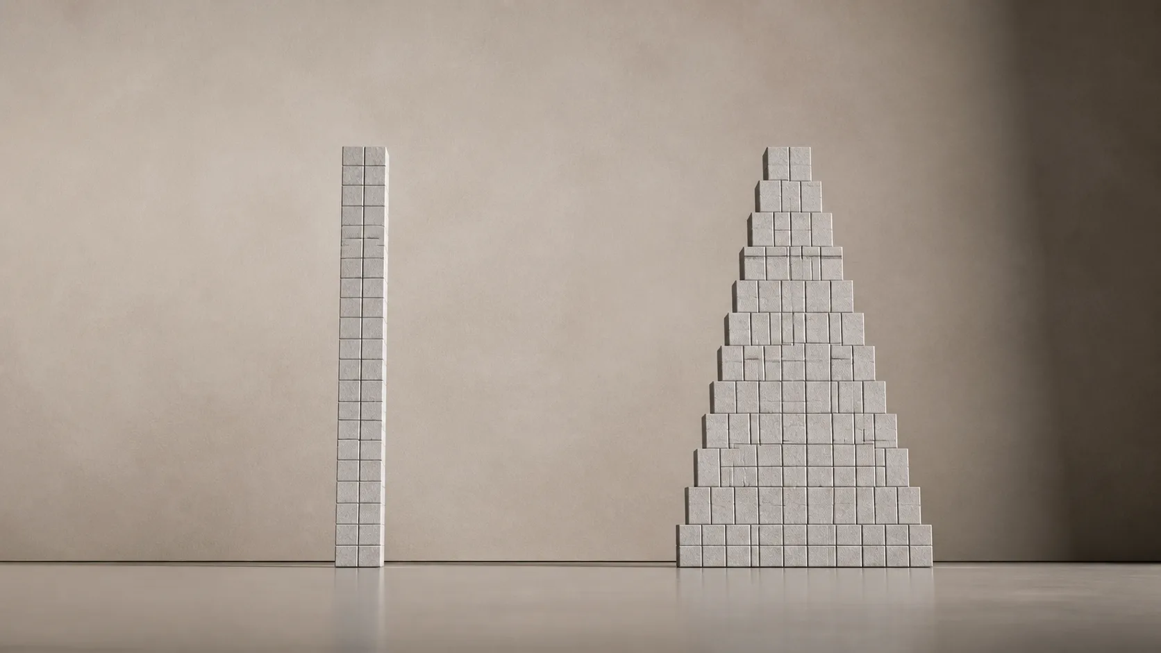 Two stacks of identical stone blocks rising from the same baseline, one staying narrow and one widening, illustrating how AI SaaS gross margin and inference costs move in different directions as usage scales