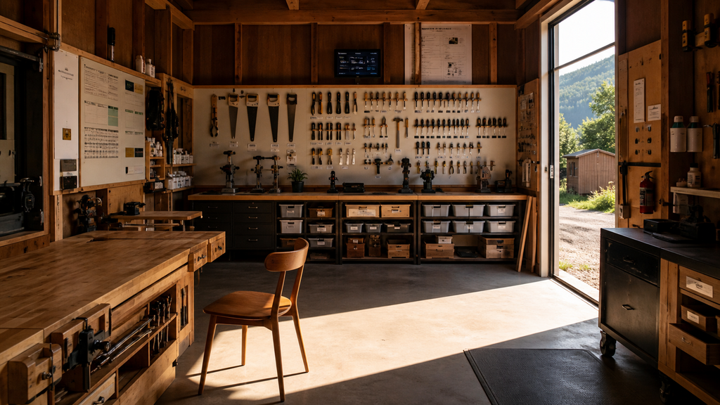 Morning light through the doorway of an immaculate workshop with tools hung in labeled order and one empty chair, a metaphor for a business built to run without its owner