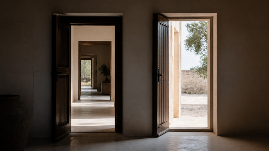 Two open doorways in a bare interior, one leading deeper into the building and one opening onto daylight, illustrating the SaaS founder choice between minority growth equity and a majority sale