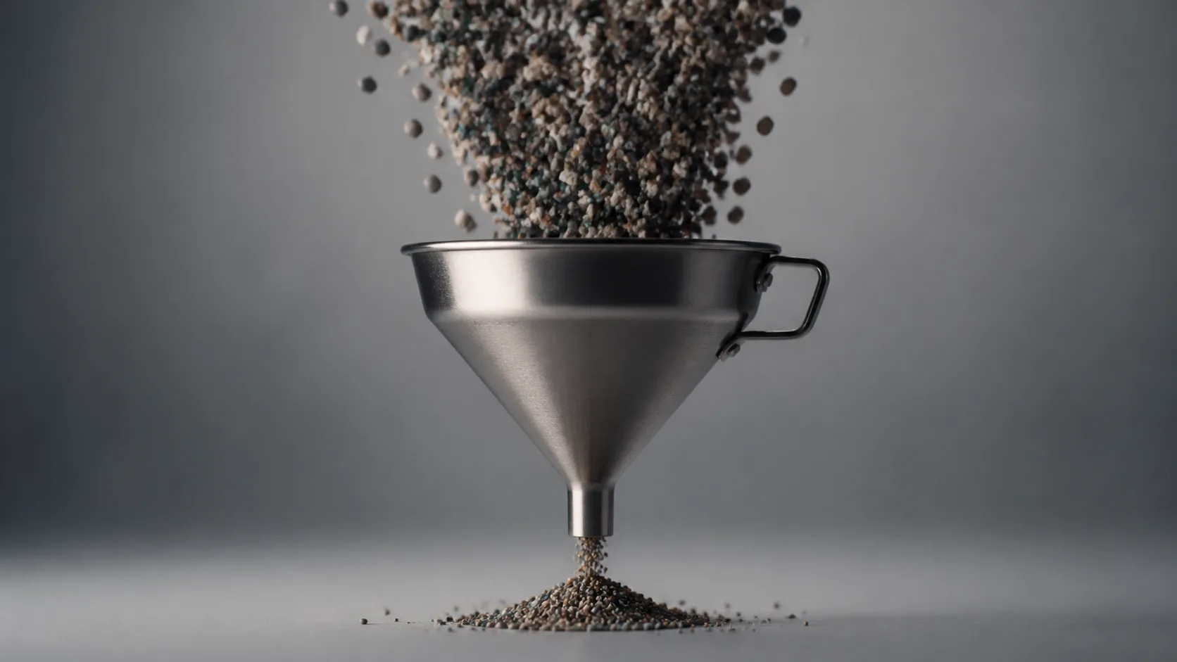A single metal funnel with material pouring through one narrow neck, illustrating SaaS channel partner concentration where revenue reaches the company through one door