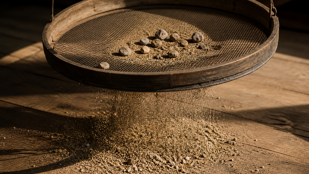 Gravel pouring through a hand sieve with only a few stones retained, a metaphor for buyers haircutting a sales pipeline in due diligence