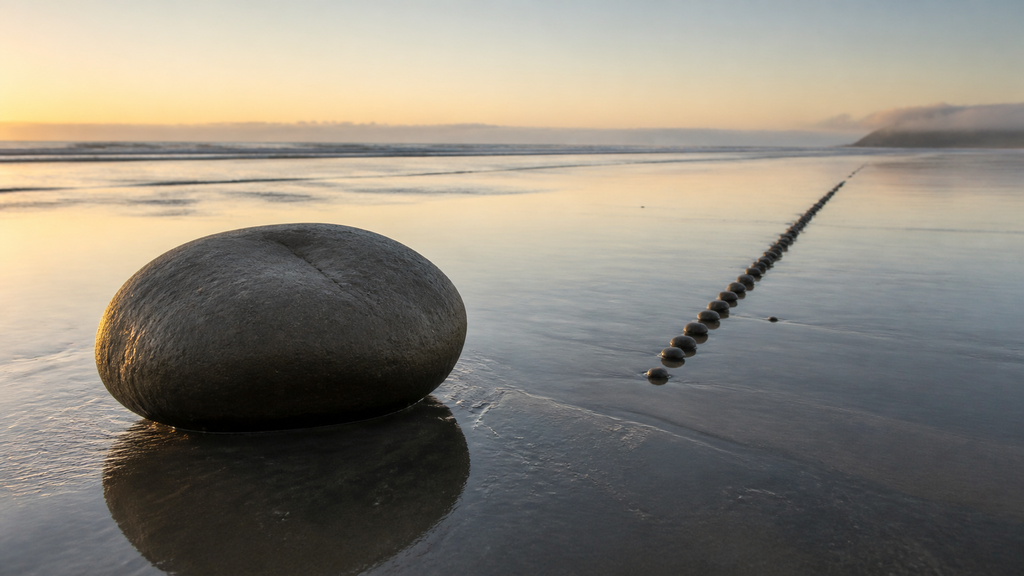 One large boulder beside a long line of small stones stretching to the horizon at low tide, a metaphor for one sale check versus years of distributions