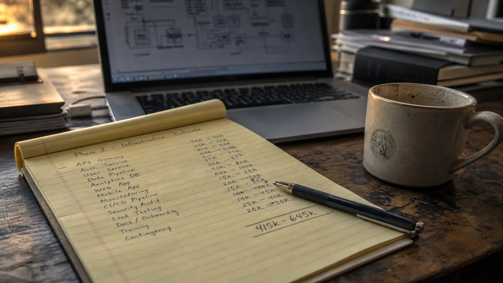 A handwritten technical debt register with cost ranges beside a laptop showing a SaaS system architecture diagram