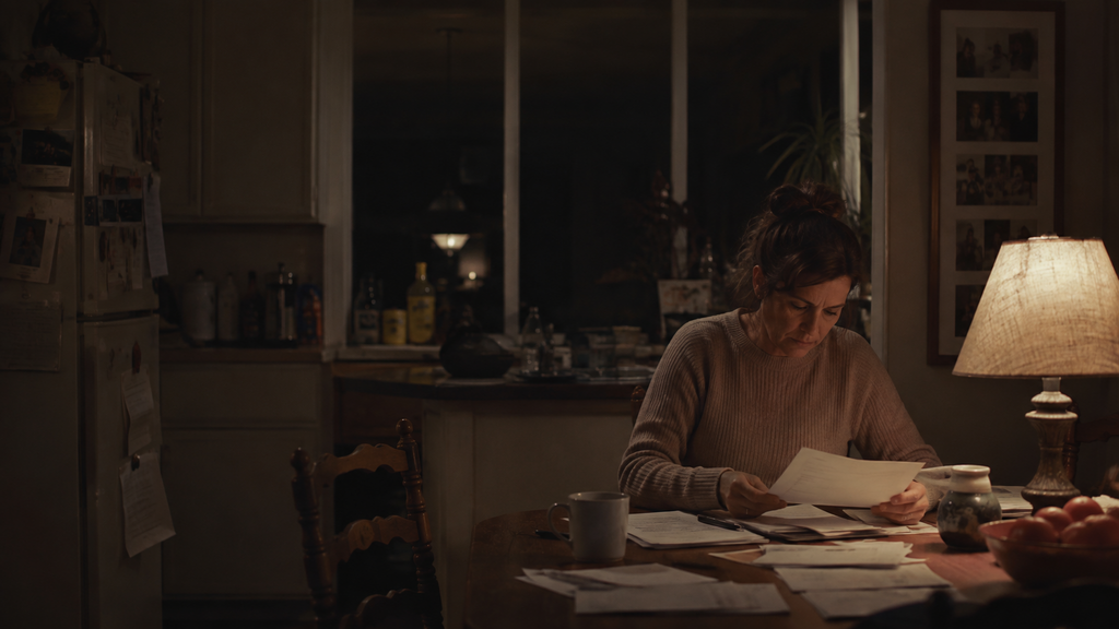 A founder sits alone at a kitchen table at night reading sale paperwork by lamplight, before calling a tax advisor about selling a business.