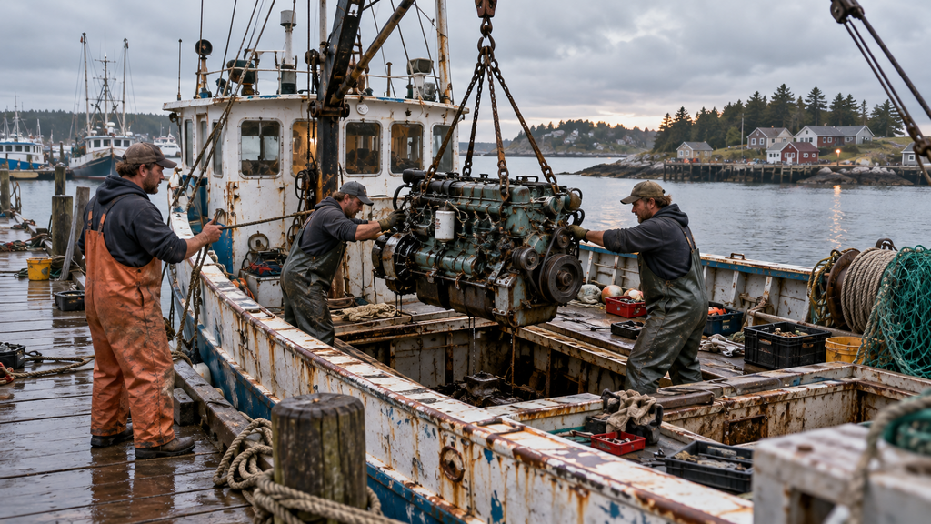 Crew lowering a replacement engine into an old fishing boat, a picture of how to sell an AI SaaS when the model underneath can be swapped