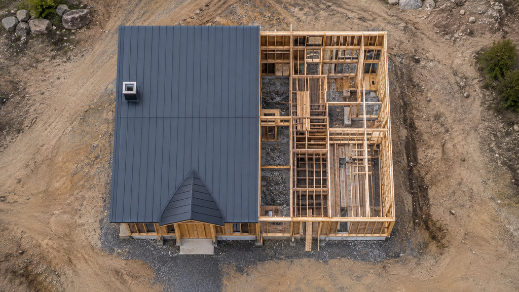 Overhead view of a half built timber frame house, one side roofed and one side open studs, a visual for what a buyer pays for when they sell a pre revenue SaaS company