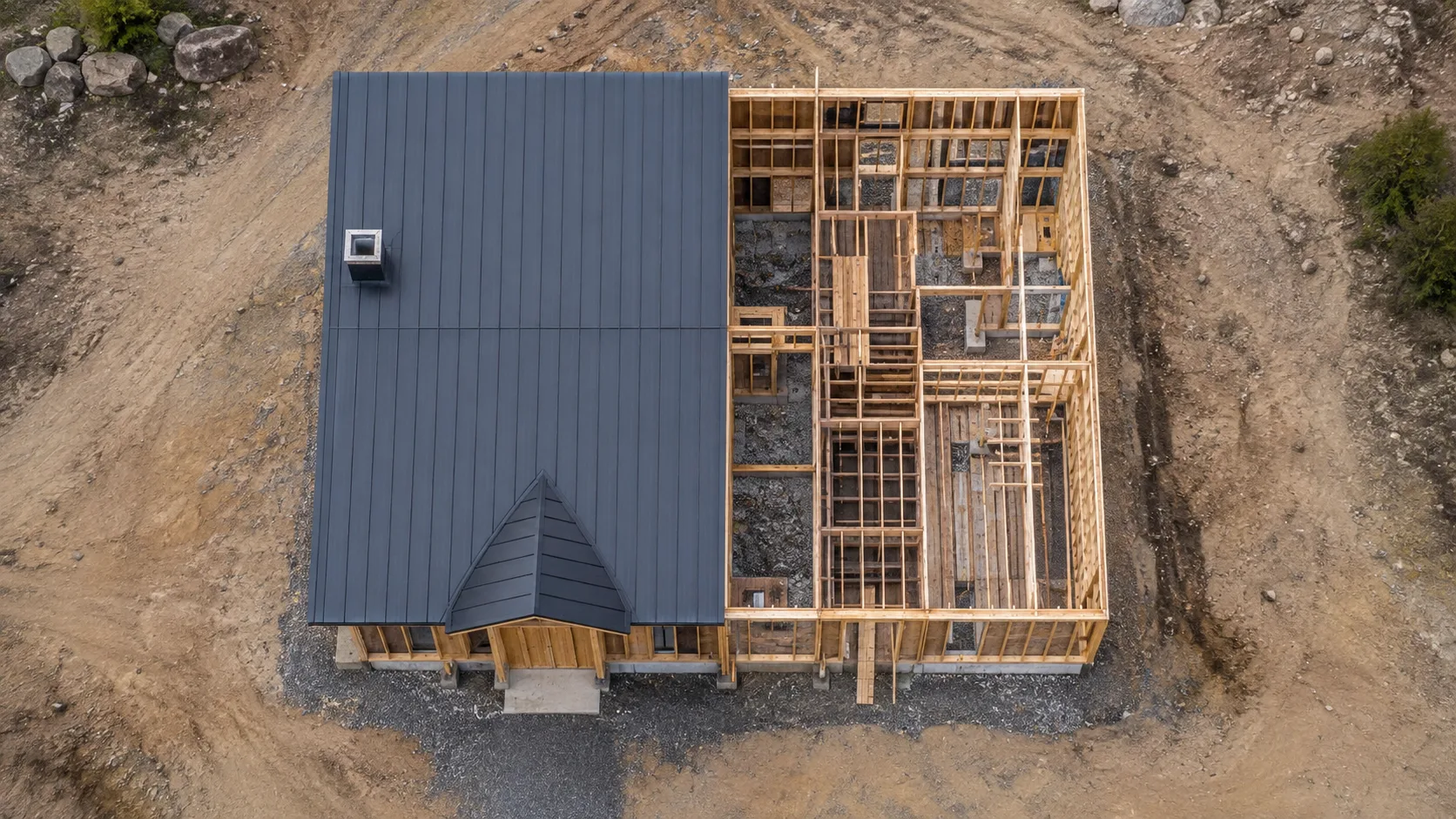 Overhead view of a half built timber frame house, one side roofed and one side open studs, a visual for what a buyer pays for when they sell a pre revenue SaaS company