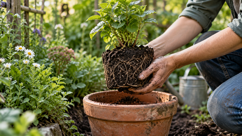 Hands lifting a young plant with its root ball into its own pot, illustrating a carve out before selling a business