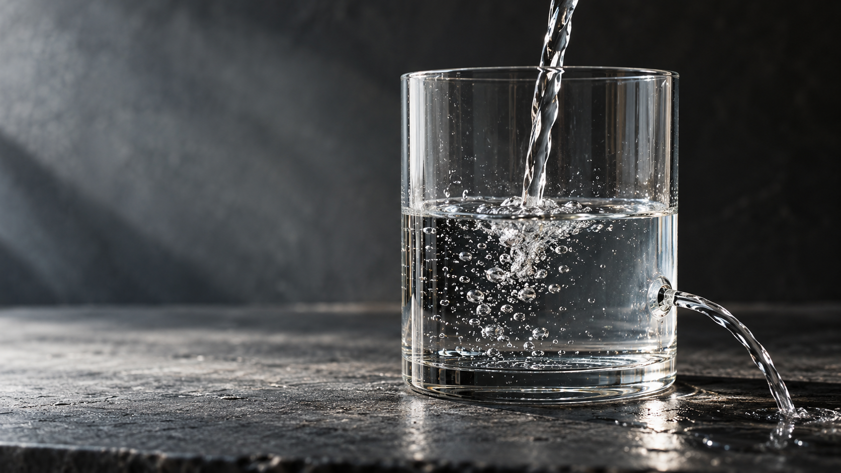 Water pouring into a glass that leaks near its base, so the level never rises past one line, like a SaaS with high churn
