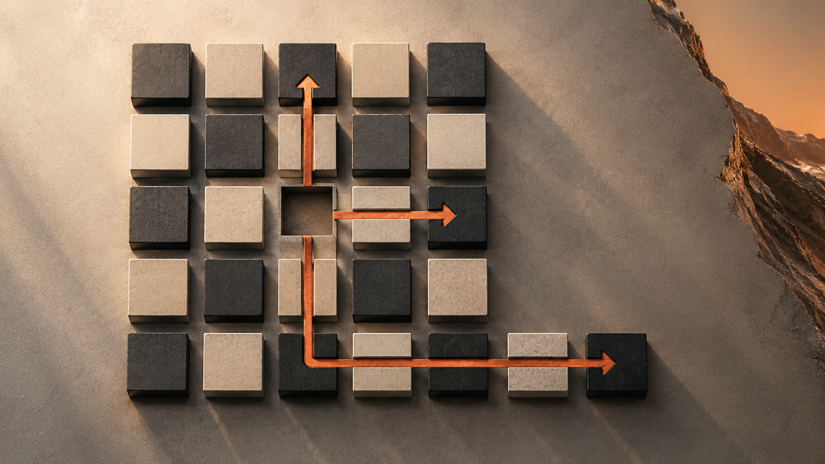 A grid of stone squares with one empty slot and three arrows of different lengths leading away, showing a key employee leaving before a business sale