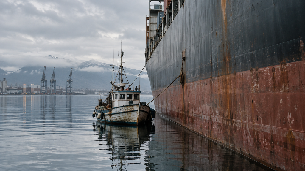 Small fishing boat tied alongside a large cargo ship, illustrating a platform vs add-on acquisition