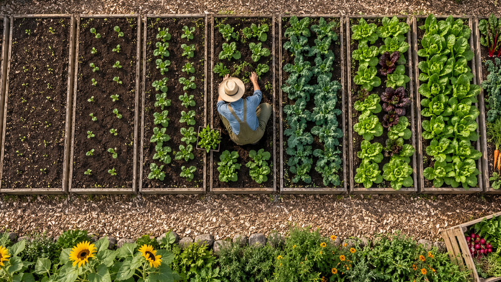 Overhead view of garden beds in a row, each one further along, like a two year SaaS exit plan that improves something every quarter